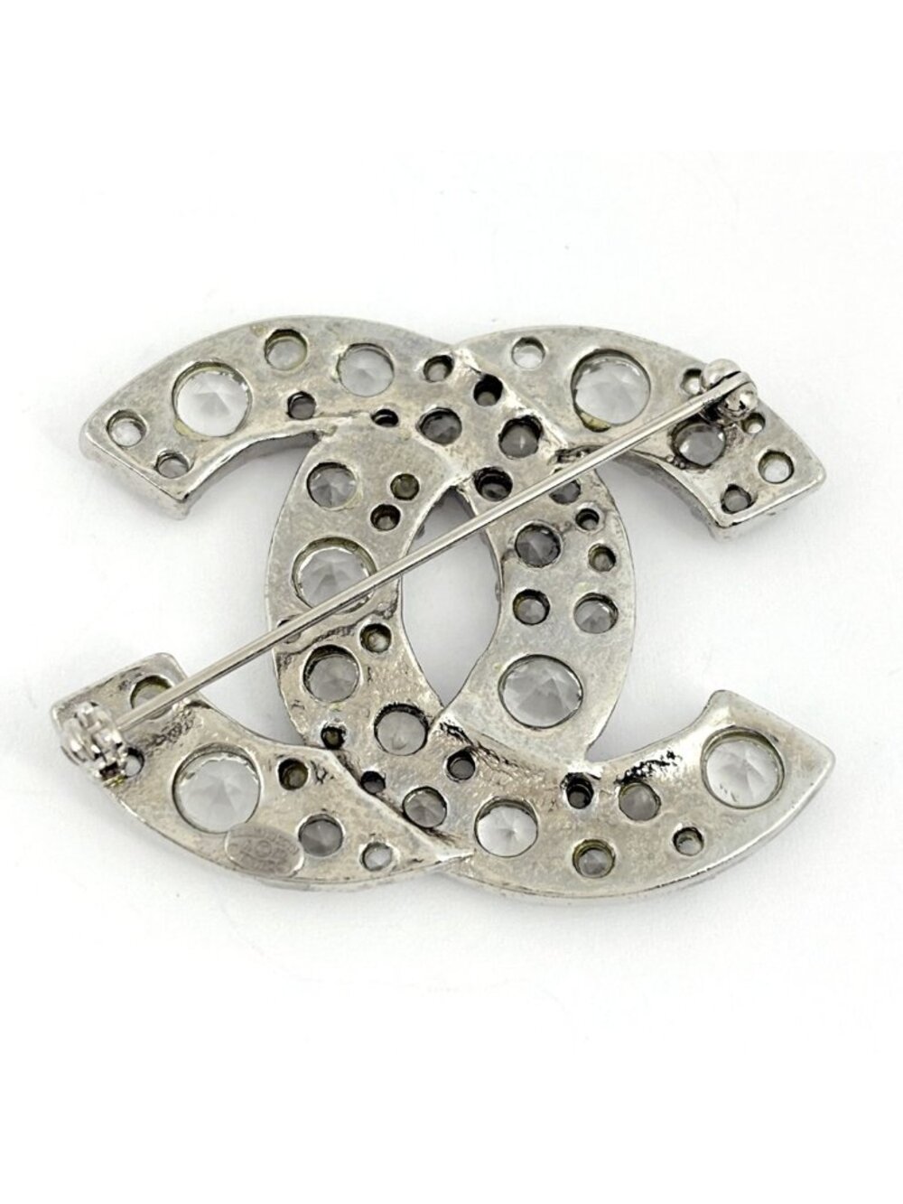 Chanel CC Logo Rhinestone Brooch Silver Plated - Picture 2 of 5